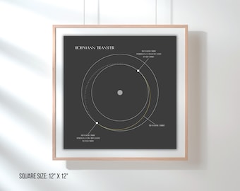 Póster de la Órbita de Transferencia de Hohmann, minimalista, archivo digital descargable, fondo gris oscuro, sistema solar, arte