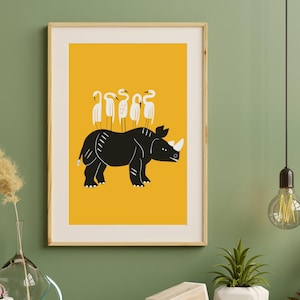 Vibrant Rhino digital illustration print, art, animal, illustration, birds, home decor, Nursery, gift, African, Wildlife