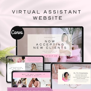 Può includere: Un mockup di sito web Canva per un'attività di assistenza virtuale. Il sito web presenta uno schema di colori rosa e bianco con il testo "Ora accettiamo nuovi clienti".