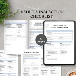 Könnte beinhalten: Ein Satz von 17 druckbaren Fahrzeug-Inspektionschecklisten. Die Checklisten umfassen Abschnitte für allgemeine Informationen, Außeninspektion, Beleuchtung, Reifen und Räder, Fenster und Spiegel, unter der Motorhaube, Bremsen, Motor und Zubehör, Sonderausstattung, Nachinspektion und zusätzliche Notizen. Die Checklisten sind für die Inspektion von Gebrauchtwagen konzipiert.