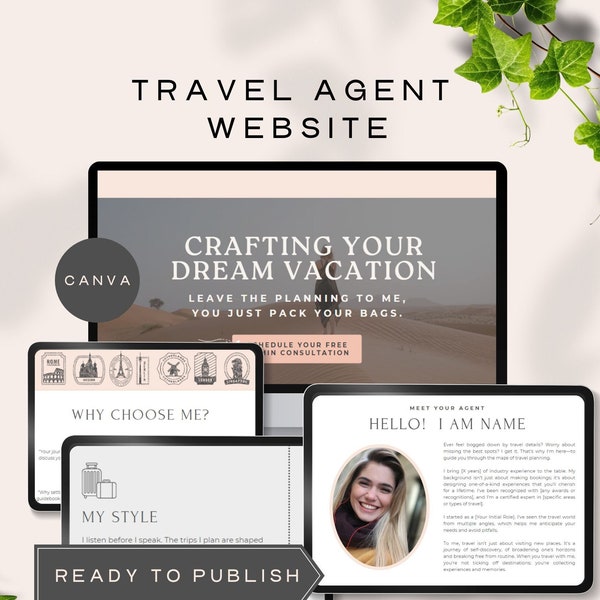 Plantilla de sitio web de agente de viajes de Canva para blogger de viajes, influencer, asesor de vacaciones, página de inicio, marca de marketing, descarga instantánea editable