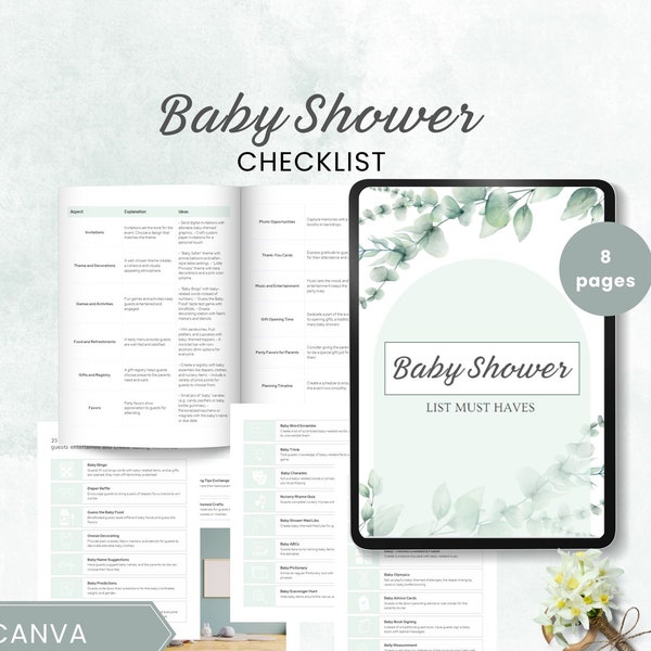 baby shower checklist baby shower planner checklist Baby Shower Planning Games editable canva guest list advice instant download printable