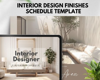 plantilla de cronograma de acabado de diseño de interiores accesorios para muebles de diseñador de interiores especificación de renovación del hogar tablero de estado de ánimo canva editable