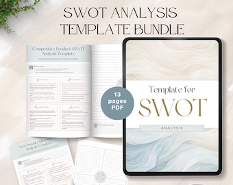 May include: A digital tablet displaying a blue and white abstract design with the text "Template for SWOT Analysis". The tablet is on a white surface with a cup of coffee and three pages of a SWOT analysis template.
