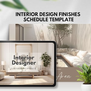 plantilla de cronograma de acabado de diseño de interiores accesorios para muebles de diseñador de interiores especificación de renovación del hogar tablero de estado de ánimo canva editable