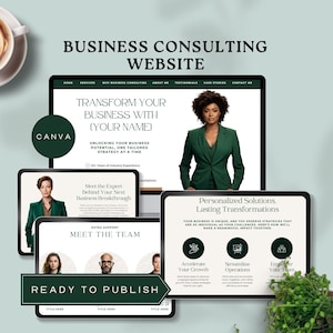 Può includere: Un mockup di un sito web per una società di consulenza aziendale. Il sito web è progettato in uno schema di colori verde e bianco e presenta una foto di una donna in un abito verde. Il sito web include sezioni per servizi, perché la consulenza aziendale, chi sono, testimonianze, casi di studio e contattami. Il sito web include anche il testo "Trasforma la tua azienda con [il tuo nome]" e "Sbloccare il potenziale della tua azienda, una strategia su misura alla volta."