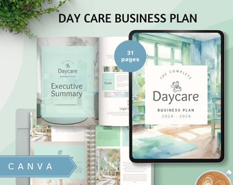 May include: A 31-page daycare business plan template with a watercolour illustration of a room with a green rug and a window. The cover page features the text "The Complete Daycare Business Plan 202X - 202X".