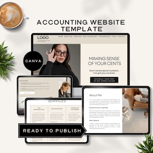 Peut inclure: Une maquette de site web de comptabilité affichée sur plusieurs appareils numériques. La conception présente une mise en page professionnelle avec des sections pour les services, à propos de moi et les coordonnées. Le texte comprend "Making Sense of Your Cents" et "Ready to Publish."