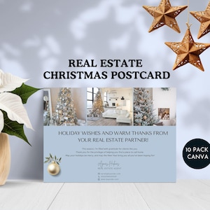 Postal navideña para agente inmobiliario, plantilla de tarjeta de felicitación navideña personalizada, correo para clientes de agente inmobiliario, azul, dorado, navidad, invierno, canva editable