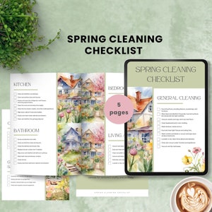 May include: A printable spring cleaning checklist with five pages. The checklist is divided into sections for the kitchen, bathroom, bedroom, living room, and general cleaning. The checklist is illustrated with watercolour paintings of houses and gardens.