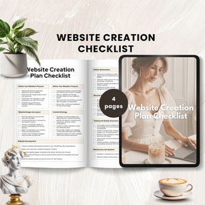 May include: A checklist for creating a website, with sections for defining the website's purpose, design and layout, content strategy, website development, mobile optimization, testing and quality assurance, and maintenance and updates. The checklist is divided into four pages.
