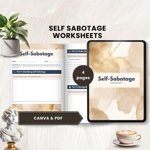 self sabotage worksheets template canva Therapy Worksheets Self Sabotage quiz self esteem journal inner critic coping skills self help PDF