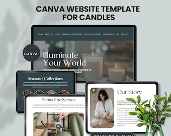 May include: Website template for a candle business. The template features a website design with a header, navigation bar, and multiple sections. The website is designed to showcase the candles and the business's story. The website is ready to publish.