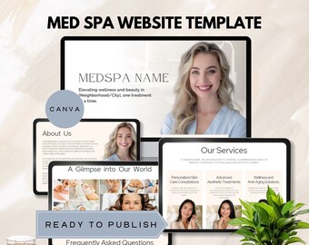 May include: A website template for a medical spa, featuring a light blue background with the text "MED SPA WEBSITE TEMPLATE" in black. The template includes sections for "About Us", "Our Services", "A Glimpse into Our World", and "Frequently Asked Questions".