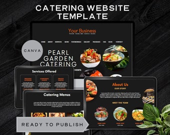 Könnte beinhalten: Eine Website-Vorlage für ein Catering-Unternehmen mit einem schwarzen und orangen Farbschema mit dem Text "Pearl Garden Catering" und "Bereit zum Veröffentlichen". Die Vorlage enthält Abschnitte für angebotene Dienstleistungen, Catering-Menüs und über uns.