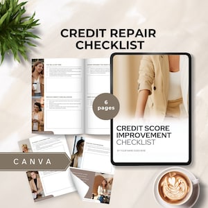 May include: A digital tablet displaying a checklist for improving credit scores. The checklist is titled "Credit Score Improvement Checklist" and includes tips for paying bills on time, reducing credit card balances, and avoiding opening too many new accounts. The tablet is on a beige surface with a cup of coffee and a plant in the background.