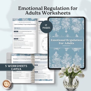 以下が含まれることがあります： 感情の調整に関する、大人向けの印刷可能なワークシート5枚セット。このワークシートは、大人の感情を理解し、管理するのに役立ちます。ワークシートは青と白のカラーリングで、花柄のデザインが施されています。ワークシートのタイトルは「Emotional Regulation for Adults Worksheets」です。