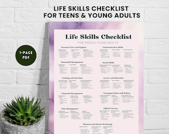 May include: A printable checklist for teens and young adults to help them develop life skills. The checklist is divided into categories such as personal care and hygiene, household management, cooking and nutrition, financial management, time management, digital literacy, transportation and safety, career and education, and physical and mental well-being.