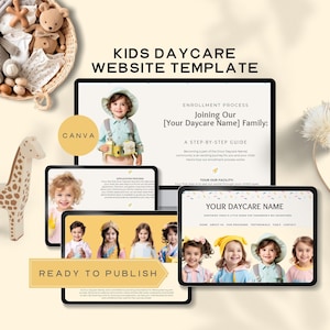 May include: A website template for a kids daycare, featuring a colorful design with images of children and the text "Joining Our [Your Daycare Name] Family: A Step-by-Step Guide".