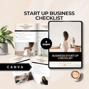 May include: A digital tablet displaying a business startup checklist with a black and white design. The checklist is titled "Business Startup Checklist" and includes sections for finances and funding, idea development, and business plan. The tablet is sitting on a wooden table with a cup of coffee and a plant in the background.