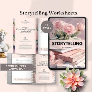 storytelling worksheet novel planner writing workbook printable author story plotting organizer screenplay digital download canva template
