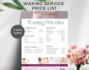 waxing services price list template canva brazilian waxing bikini flyer esthetician price menu beauty salon spa Editable Instant Download