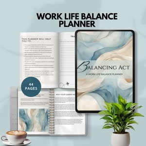 Può includere: Un planner blu e bianco con il titolo "Balancing Act: A Work Life Balance Planner" sulla copertina. Il planner ha 44 pagine ed è progettato per aiutarti a raggiungere un migliore equilibrio tra lavoro e vita privata.
