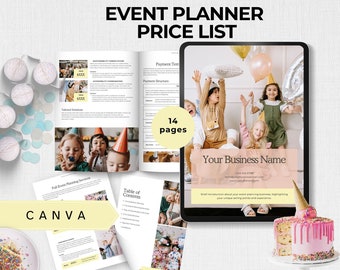 Veranstaltungsplaner Preisübersicht Vorlage für Event-Services Preisliste Menü Partyplanung Kinder Kinderparty Paketveranstalter Canva editierbar