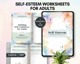 May include: A digital planner with a watercolor floral design on the cover. The planner is open to a page titled "Building Self-Confidence for Adults" and includes a worksheet titled "Self-Worth Exploration". The planner is on a white surface with a green plant in a white pot.