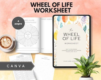foglio di lavoro ruota della vita Ruota dell'equilibrio Impostazione degli obiettivi di vita coaching canva Modello strumento life coach crescita personale benessere canva modificabile