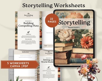 storytelling worksheet novel planner writing workbook printable outline author story organizer plot plan digital download canva template