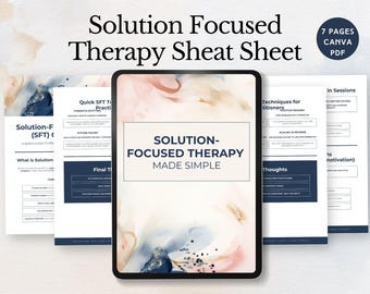 Puede incluir: Una tableta digital que muestra una hoja de "Terapia Centrada en Soluciones" con el texto "Solution-Focused Therapy Made Simple". La imagen incluye varias páginas con texto y un gráfico circular que dice "7 Pages Canva PDF".