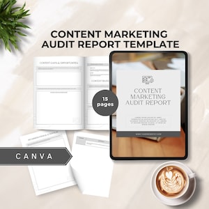 Puede incluir: Una tableta digital que muestra una plantilla de informe de auditoría de marketing de contenidos. La plantilla está diseñada para ayudar a las empresas a evaluar su estrategia de marketing de contenidos e identificar áreas de mejora. La plantilla incluye secciones para brechas y oportunidades de contenido, inventario de contenido, recomendaciones y planes de acción. La plantilla está diseñada para ser utilizada con Canva, una plataforma de diseño online popular. La tableta está sobre una mesa de madera con una taza de café.