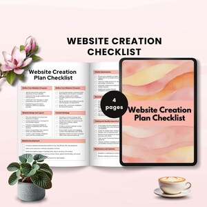May include: A checklist for creating a website, with sections for defining the website's purpose, design and layout, content strategy, website development, mobile optimization, security, testing and quality assurance, and maintenance and updates. The checklist is divided into four pages.