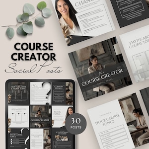 以下が含まれることがあります： コース作成者向けのソーシャルメディア投稿テンプレート30個のセット。テンプレートは、モダンなデザインで白黒のカラーテーマを採用しています。テンプレートには、「[あなたのコースのトピック] に最適なツール」や「[あなたのコースのトピック] に関する3つの神話」などのトピックが含まれています。