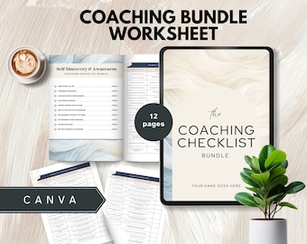worksheet bundle coach canva templates life coaching checklist self discovery workbook awareness tools therapy values strengths editable
