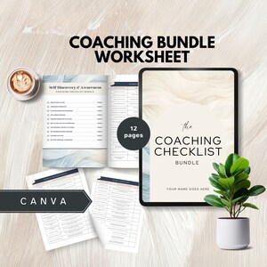 May include: A digital coaching checklist bundle worksheet with a white and blue marble design. The worksheet is titled "The Coaching Checklist Bundle" and includes 12 pages. The text "Your Name Goes Here" is also included on the worksheet.