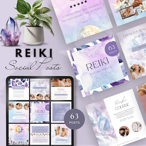 May include: A digital tablet screen displaying a grid of 12 social media posts for a Reiki business. The posts feature images of crystals, mandalas, and people receiving Reiki treatments. The text on the posts includes "Reiki", "Chakra Balancing Package", "Energy Assessment", "Reiki & Yoga", "Distance Reiki", "Freedom Found", "Reiki Session", and "Reiki Course".