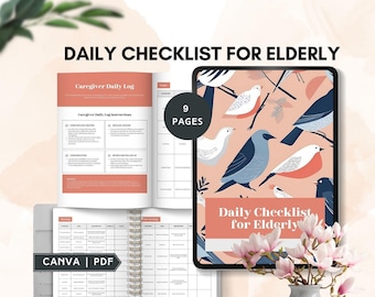 daily checklist for elderly caregiver journal senior care daily tasks home health nurse record caregiving schedule canva printable editable