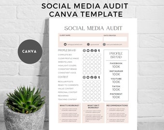 Pode incluir: Um modelo de lista de verificação de auditoria de mídia social imprimível em rosa e branco. A lista de verificação inclui seções para a marca de perfil, o conteúdo, o que funciona, o que não funciona e recomendações. O modelo é projetado para uso com Canva.