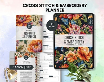 cross stitch planner embroidery design project digital cross stitching tracker printable craft planning creative organizer canva template