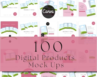 May include: A collection of 100 digital product mockups featuring a variety of designs with a pink, green, and white color scheme. The mockups showcase different types of digital products, such as ebooks, workbooks, and templates. The text "100 Digital Products Mock Ups" is displayed in a large font on a pink background.