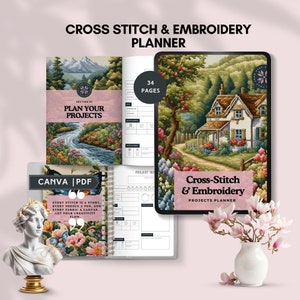 Könnte beinhalten: Ein Planer für Kreuzstich- und Stickprojekte. Das Cover zeigt eine farbenfrohe Illustration eines Hauses in einer Landschaft mit einem Fluss und Bäumen. Der Planer hat 34 Seiten und beinhaltet einen Abschnitt zur Planung von Projekten. Der Text auf dem Cover lautet "Kreuzstich & Stickprojekte Planer".