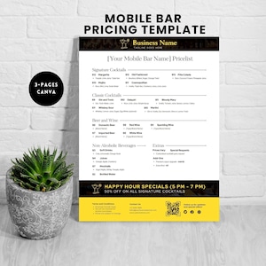 mobile bar pricing template bartender price menu cocktails drinks list mobile bartendering business forms barkeeper editable canva template