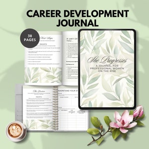 Puede incluir: Un diario verde y blanco con el título "She Progresses: A Journal for Professional Women on the Rise". El diario tiene un diseño de acuarela de hojas y está abierto en una página con el título "Next Steps" y una lista de indicaciones.