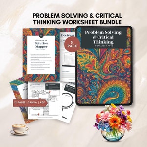 Op de afbeelding: Een digitale tablet waarop een kleurrijk werkbladpakket voor probleemoplossing en kritisch denken wordt weergegeven. Het pakket bevat 5 werkbladen en is beschikbaar in Canva en PDF-formaten. De tablet ligt op een wit oppervlak met een kopje koffie en een vaas met bloemen.