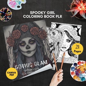 spooky girl coloring book for adult plr Creepy Gothic Dolls Coloring Book printable Gothic Portraits stress relief spooky halloween gift PDF