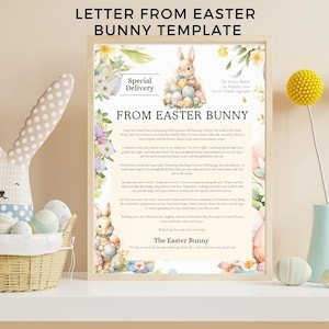 Könnte beinhalten: Eine druckbare Vorlage für einen Brief vom Osterhasen. Die Vorlage zeigt eine Aquarell-Illustration eines Osterhasen, der einen Korb mit bunten Eiern hält. Der Text lautet "Sonderlieferung" und "Vom Osterhasen".