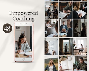 May include: A collage of images related to coaching and business. The images include people working, writing, and discussing ideas. A smartphone displays a woman writing. The text "Empowered Coaching" and the number "48" are also visible.