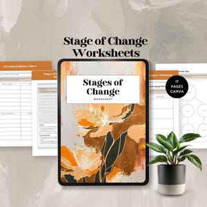 Könnte beinhalten: Ein digitales Tablet zeigt ein Arbeitsblatt mit dem Titel "Phasen der Veränderung" mit einem floralen Design in Orange-, Braun- und Schwarztönen. Das Arbeitsblatt ist Teil eines 17-seitigen Sets, das für Canva entwickelt wurde.
